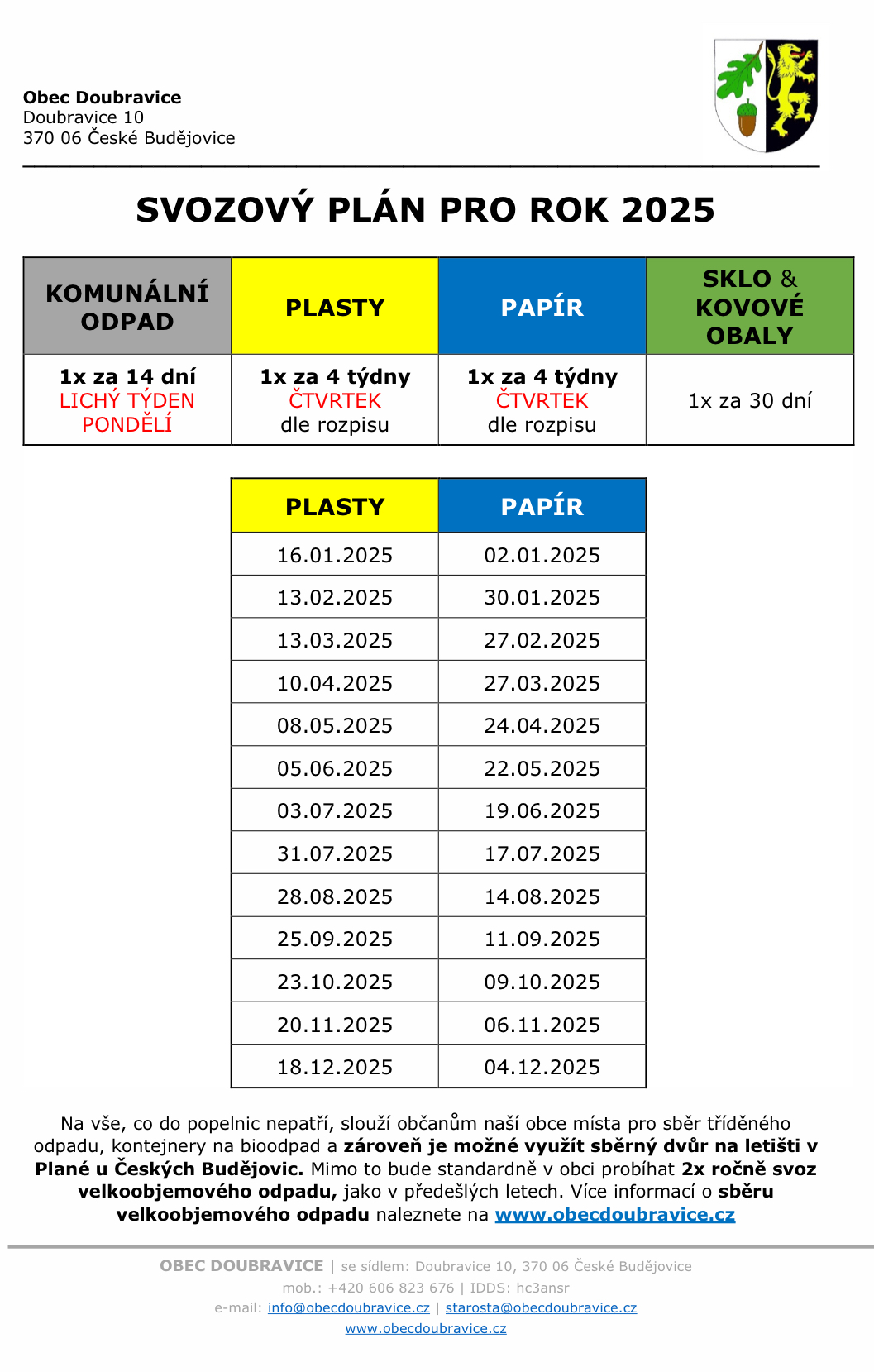 Svozový plán obce Doubravice pro rok 2025